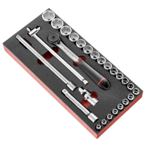 Set of 23 metric 1/2-inch 6-point sockets and ratchet tools in a foam organiser for professional use.