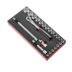 Set of Facom F18 module mousse douilles 1/2 inch with 23 metric pieces in a foam organiser for professional automotive and mechanical use.