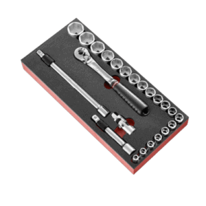 Set of Facom F18 module mousse douilles 1/2 inch with 23 metric pieces in a foam organiser for professional automotive and mechanical use.