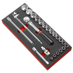 Set of 1/2 inch metric 6-point sockets with foam module for easy organisation and storage.