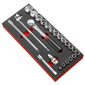 Set of 1/2 inch metric 6-point sockets with foam module for easy organisation and storage.
