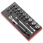 Set of Facom 1/2 inch sockets and ratchet wrench in a foam organiser for professional automotive or mechanical use.