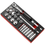 Grand Prix Racewear socket set with foam organiser, including ratchet wrench and various socket sizes for professional automotive use.