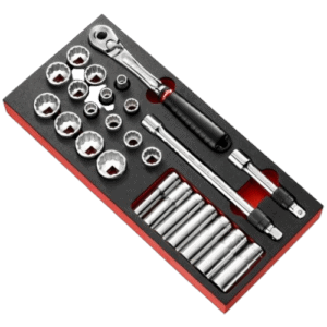 Grand Prix Racewear socket set with foam organiser, including ratchet wrench and various socket sizes for professional automotive use.