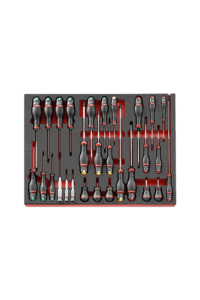 Set of Facom foam tray screwdrivers with various sizes and types, organised neatly for professional use.