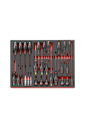 Set of Facom foam tray screwdrivers with various sizes and types, organised neatly for professional use.
