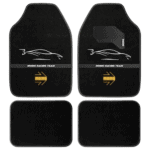 Set of black racing car floor mats with white and gold branding for Momo Racing Team, designed for high-performance motorsport vehicles.