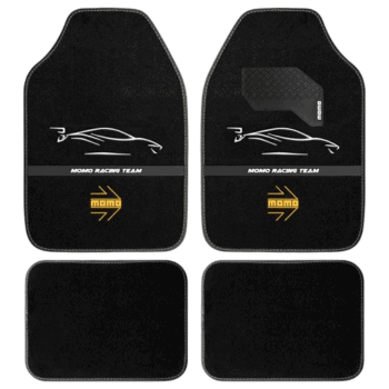 Set of black racing car floor mats with white and gold branding for Momo Racing Team, designed for high-performance motorsport vehicles.
