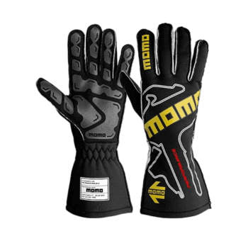 High-performance Momo racing gloves designed for motorsport, featuring advanced grip and protection for professional drivers.