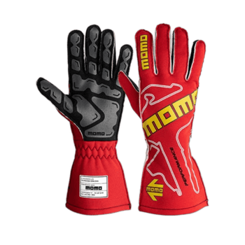 Momo racing gloves designed for motorsport, featuring red and black colours with protective padding and grip enhancements.