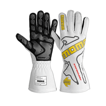Momo racing gloves designed for motorsport, featuring black and white colours with yellow accents, offering high performance and protection.
