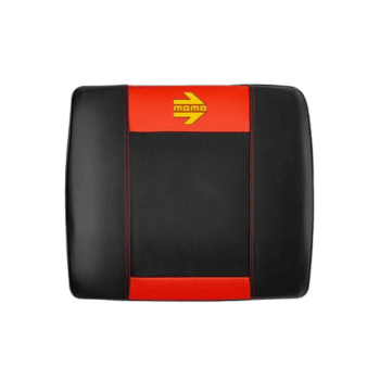 MOMO racing seat cushion with black and red design, featuring the MOMO logo for motorsport safety and comfort.