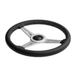 High-quality racing steering wheel with black leather grip and silver spokes, designed for professional motorsport use.