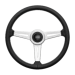 Classic racing steering wheel with black grip and silver spokes, ideal for motorsport enthusiasts and race car drivers.