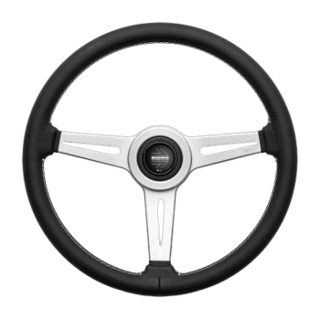 Classic racing steering wheel with black grip and silver spokes, ideal for motorsport enthusiasts and race car drivers.