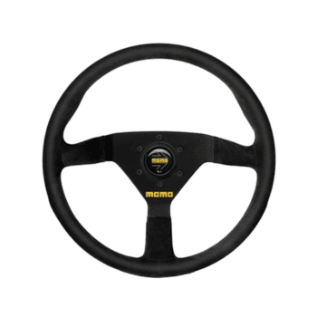 Black racing steering wheel with GPR Direct logo, designed for motorsport enthusiasts and racewear fans.
