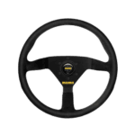 Black racing steering wheel with MOMO logo, designed for motorsport and race car driving.