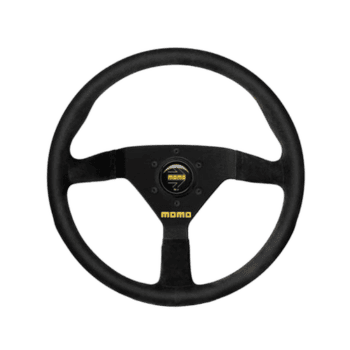 Black racing steering wheel with MOMO logo, designed for motorsport and race car driving.