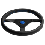 Black racing steering wheel with blue stitching and central logo, designed for motorsport enthusiasts.