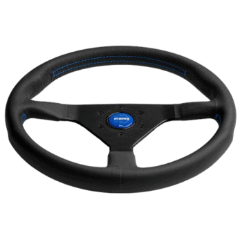 Black racing steering wheel with blue stitching and central logo, designed for motorsport enthusiasts.