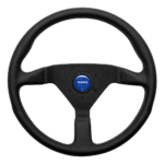 Black racing steering wheel with blue centre cap, designed for motorsport use, featuring ergonomic grip and lightweight construction.