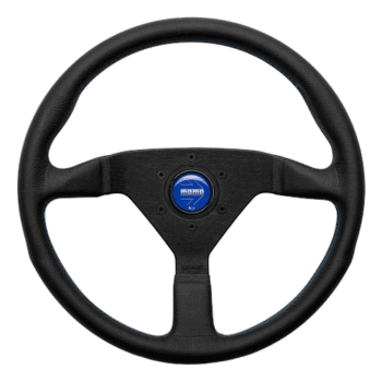 Black racing steering wheel with blue centre cap, designed for motorsport use, featuring ergonomic grip and lightweight construction.
