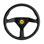 Black racing steering wheel with yellow centre cap, designed for motorsport use, on a black background.