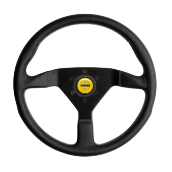 Black racing steering wheel with yellow centre cap, designed for motorsport use, on a black background.