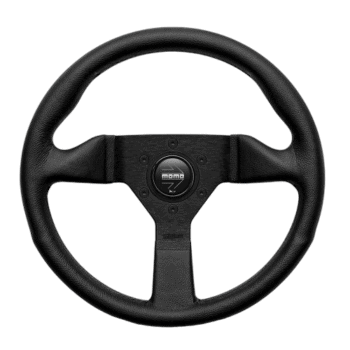 Black racing steering wheel with a central logo, designed for motorsport use, featuring a textured grip and ergonomic shape.