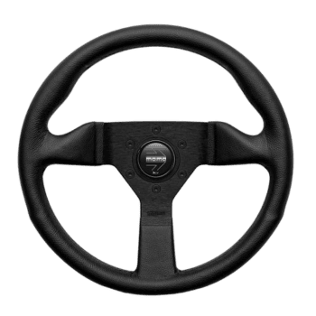 Black racing steering wheel with a central logo, designed for motorsport use, featuring a textured grip and ergonomic shape.