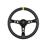 Grand Prix Racewear Momo racing steering wheel with black grip and yellow marking at the top, designed for motorsport enthusiasts.