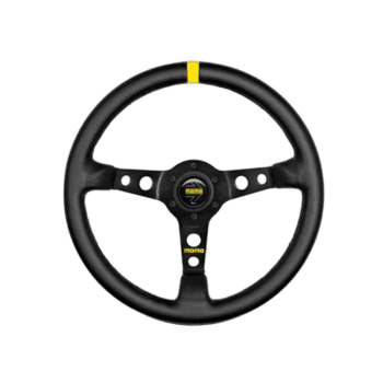 Grand Prix Racewear Momo racing steering wheel with black grip and yellow marking at the top, designed for motorsport enthusiasts.