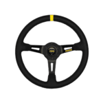 MOMO racing steering wheel with black grip and yellow marking at the top, designed for motorsport and racing simulations.