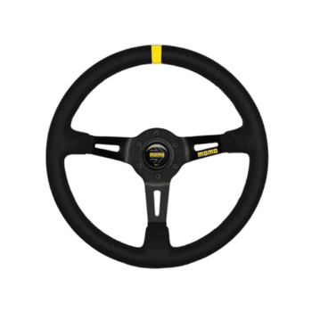 MOMO racing steering wheel with black grip and yellow marking at the top, designed for motorsport and racing simulations.