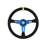 Momo racing steering wheel with black rim, blue centre, and yellow marking for racing cars, ideal for motorsport enthusiasts.