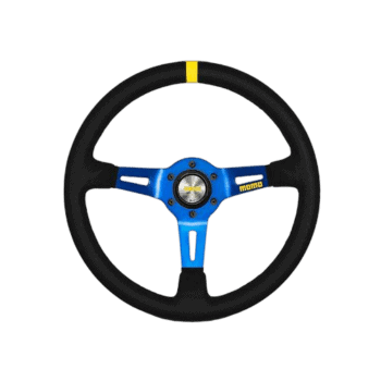 Momo racing steering wheel with black rim, blue centre, and yellow marking for racing cars, ideal for motorsport enthusiasts.