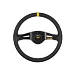 MOMO racing steering wheel for motorsport, black with yellow stripe, high-quality racing equipment for Grand Prix Racewear enthusiasts.