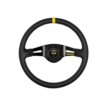 MOMO racing steering wheel for motorsport, black with yellow stripe, high-quality racing equipment for Grand Prix Racewear enthusiasts.