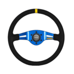 Grand Prix Racewear steering wheel with black grip, blue centre, and yellow marking, designed for racing enthusiasts and professional drivers.