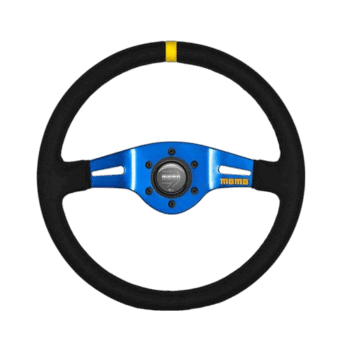 Grand Prix Racewear steering wheel with black grip, blue centre, and yellow marking, designed for racing enthusiasts and professional drivers.