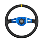 MOMO racing steering wheel with black grip and blue centre, ideal for racing simulators and motorsport enthusiasts.