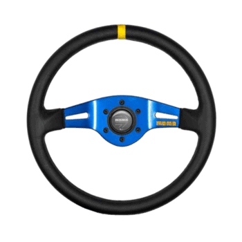 MOMO racing steering wheel with black grip and blue centre, ideal for racing simulators and motorsport enthusiasts.