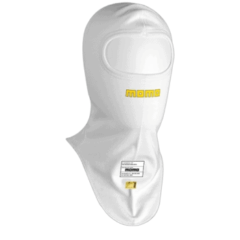 White Momo racing balaclava with yellow logo, designed for motorsport safety and comfort.