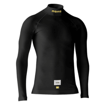 Black Momo racing thermal top with long sleeves and high neck, designed for motorsport enthusiasts, featuring the Momo logo on the collar.
