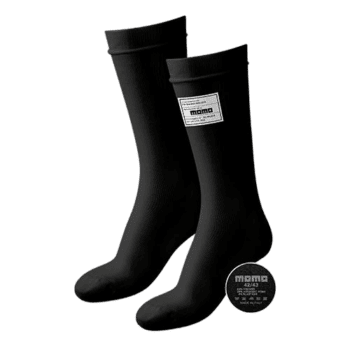 Pair of black Momo racing socks designed for motorsport enthusiasts and drivers, featuring a sleek, professional look.