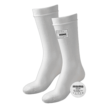 Pair of white racing socks with Momo branding, designed for motorsport enthusiasts and drivers.