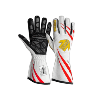 High-performance racing gloves from Grand Prix Racewear with black and white design, red accents, and advanced grip for motorsport drivers.
