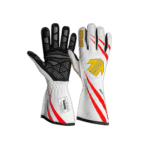 High-performance racing gloves from Grand Prix Racewear with black and white design, red accents, and advanced grip features for motorsport safety.