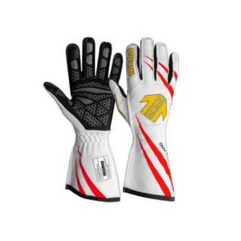 High-performance racing gloves from Grand Prix Racewear with black and white design, red accents, and advanced grip features for motorsport safety.