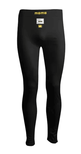 Close-up of black Momo racing leggings designed for motorsport enthusiasts, featuring a sleek fit and branding details.